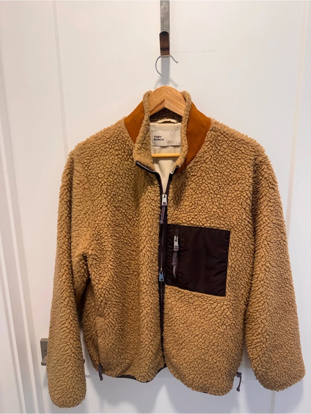 Tory Burch Tan Sherpa Jacket with Brown Pocket & Rust Collar